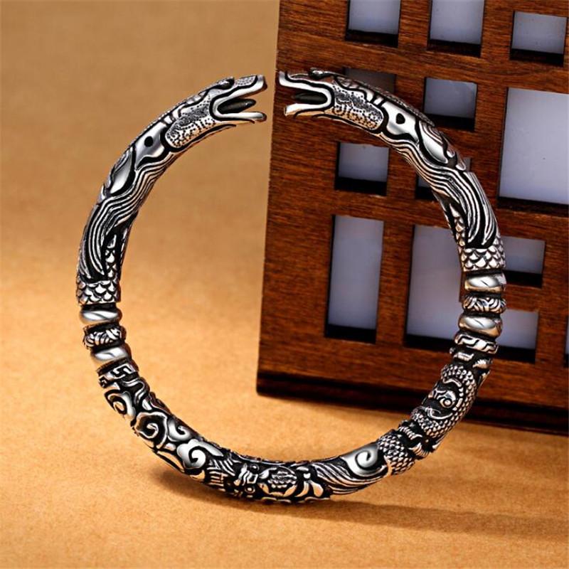 THAI SILVER FORTUNE & POWER Men's Double-Headed Dragon Bangle