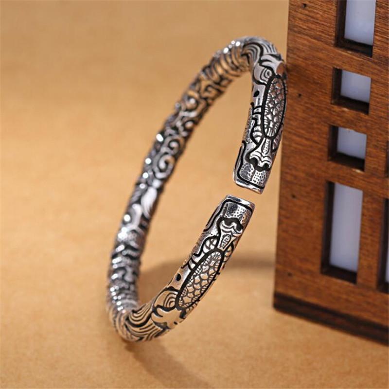 THAI SILVER FORTUNE & POWER Men's Double-Headed Dragon Bangle