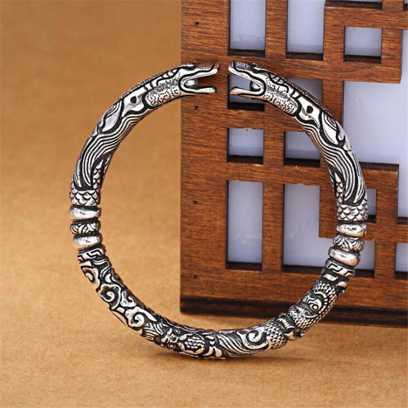 THAI SILVER FORTUNE & POWER Men's Double-Headed Dragon Bangle