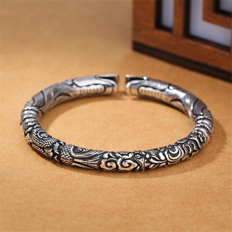 THAI SILVER FORTUNE & POWER Men's Double-Headed Dragon Bangle