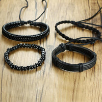 Thumbnail for 4Pc Braided  Black Leather & Wood Nautical Bracelet Set-9 Designs