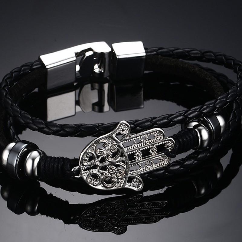 Black Braided Leather Bracelet Hand of Fatima and Evil Eye