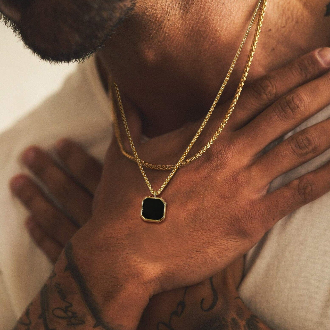 Stainless Steel Men's Necklace Set with Geometric Onyx Pendant and Chain