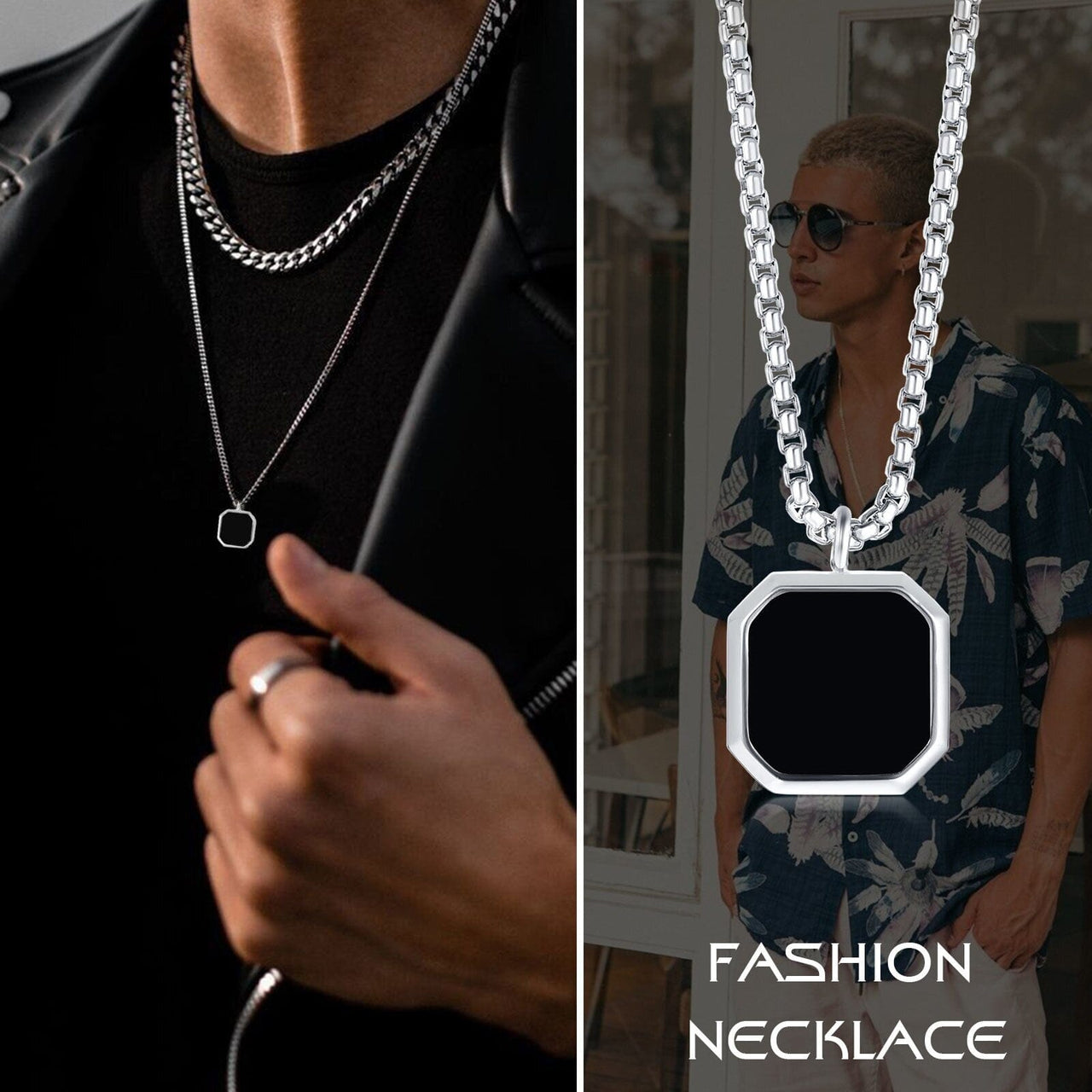 Stainless Steel Men's Necklace Set with Geometric Onyx Pendant and Chain