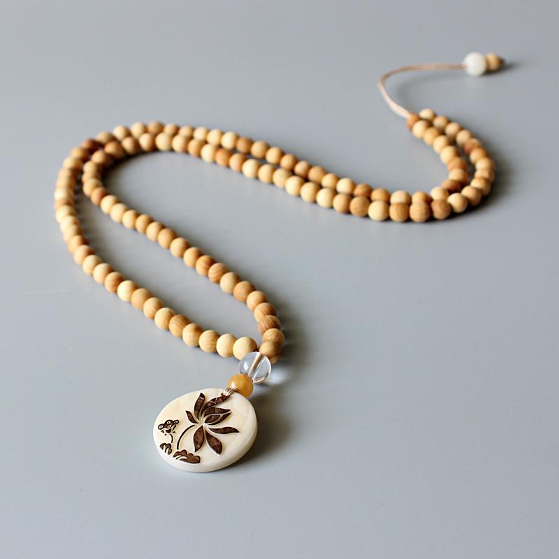 Natural Wood Mala with Lotus Flower