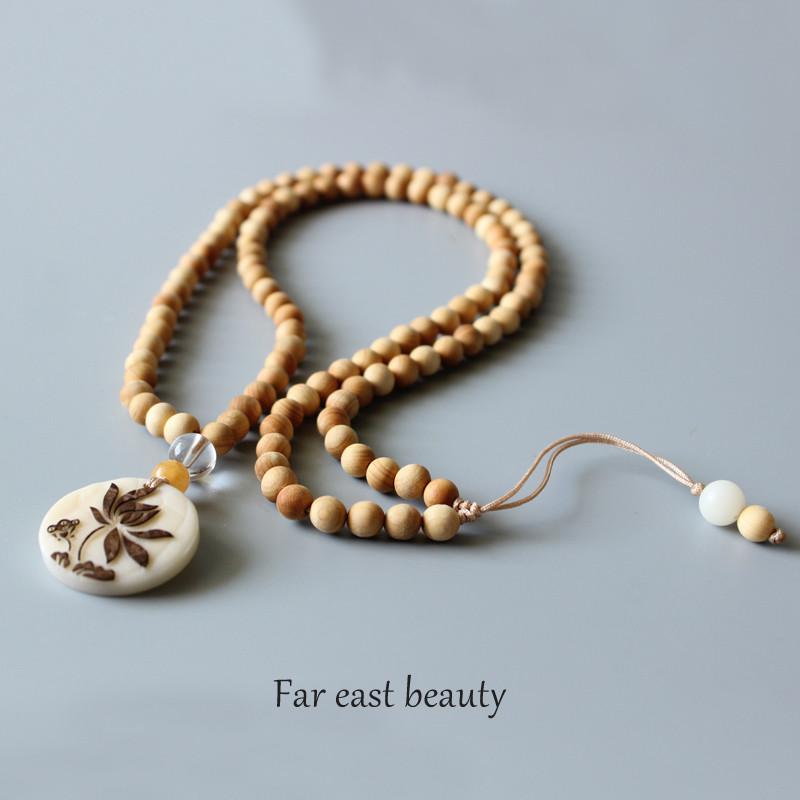 Natural Wood Mala with Lotus Flower