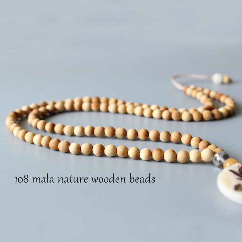 Natural Wood Mala with Lotus Flower