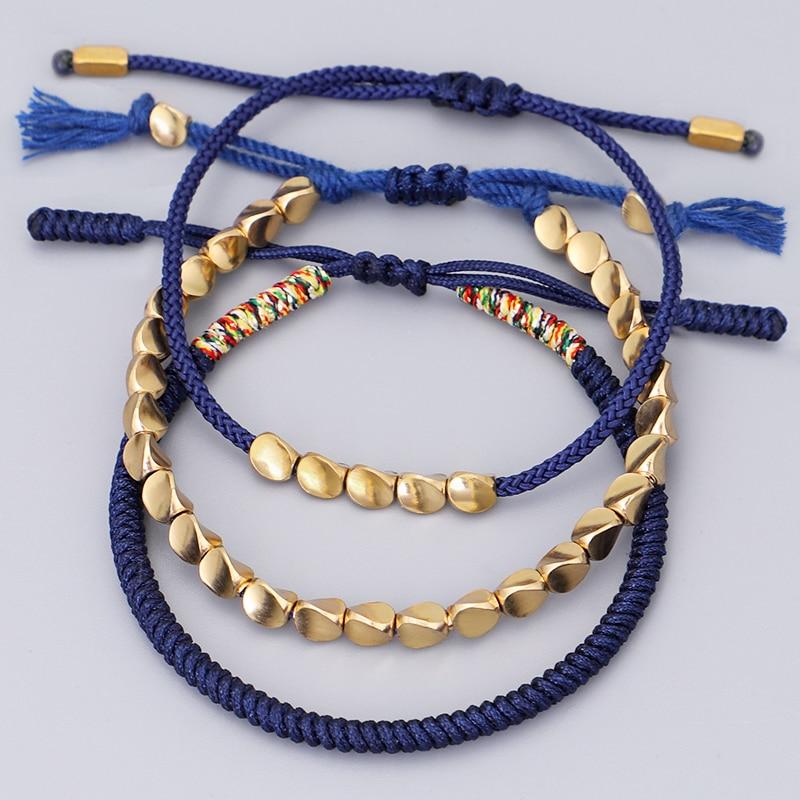 Tibetan Handmade Lucky Knot 'BE THANKFUL' Copper & Blue Rope 3 /pc Bracelet Set