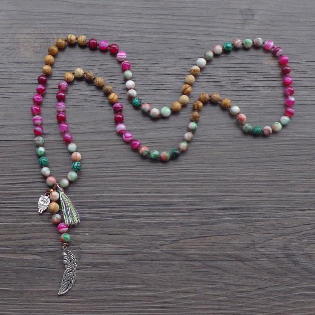 Mixed 8MM Natural Stone Bead with Leaf / Owl Tassel Necklace