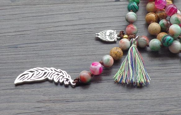 Mixed 8MM Natural Stone Bead with Leaf / Owl Tassel Necklace