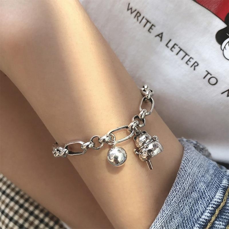 THAI SILVER Maneki Neko 'Beckoning Cat' Bell Bracelet