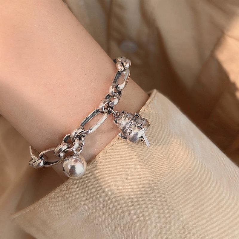 THAI SILVER Maneki Neko 'Beckoning Cat' Bell Bracelet