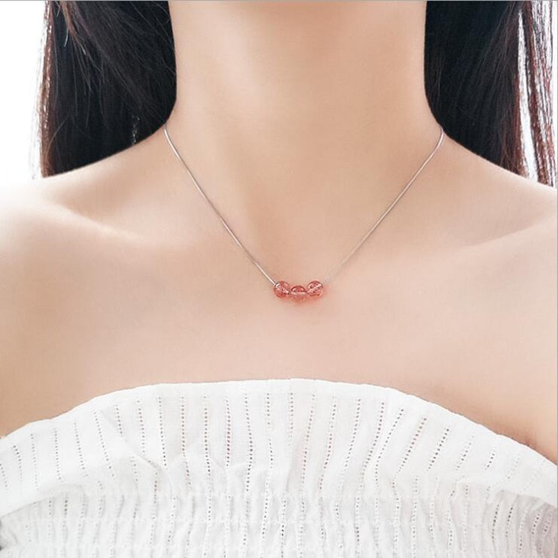 THAI SILVER Simplistic 3 Bead Strawberry Quartz Necklace