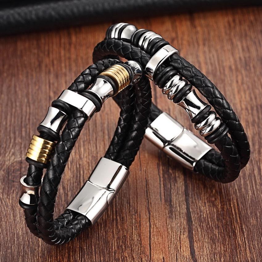 Braided Leather & Stainless Steel Mens Bracelet