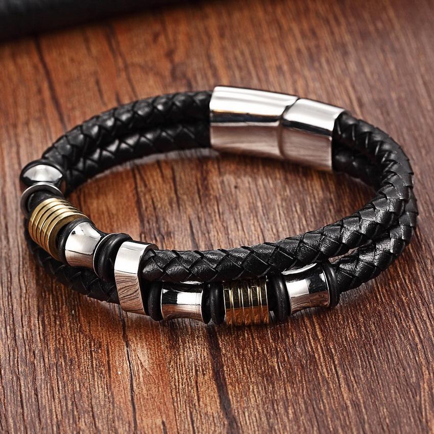 Braided Leather & Stainless Steel Mens Bracelet