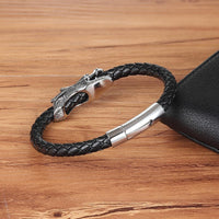 Thumbnail for Men' s Stainless Steel Dragon Head & Braided Black Leather POWER Bracelet