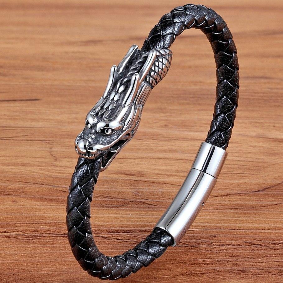 Men' s Stainless Steel Dragon Head & Braided Black Leather POWER Bracelet