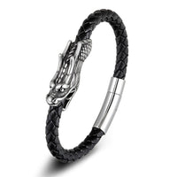 Thumbnail for Men' s Stainless Steel Dragon Head & Braided Black Leather POWER Bracelet