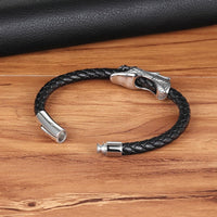 Thumbnail for Men' s Stainless Steel Dragon Head & Braided Black Leather POWER Bracelet