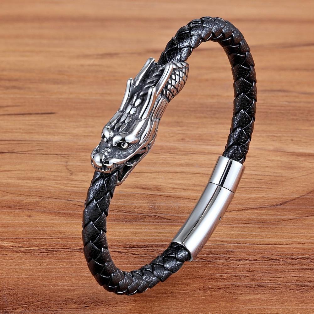 Men' s Stainless Steel Dragon Head & Braided Black Leather POWER Bracelet