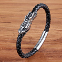 Thumbnail for Men' s Stainless Steel Dragon Head & Braided Black Leather POWER Bracelet