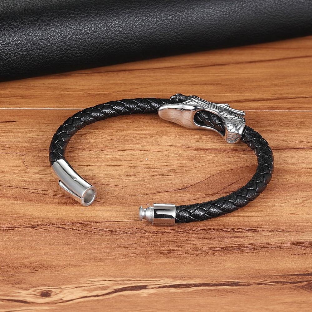 Men' s Stainless Steel Dragon Head & Braided Black Leather POWER Bracelet