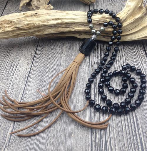 Black Tourmaline Pendant & Bead &  Leather Tassel PROTECTION Necklace