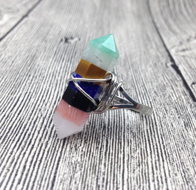 Unique 7 Layered Natural Chakra Stone Point Wire Wrap Ring