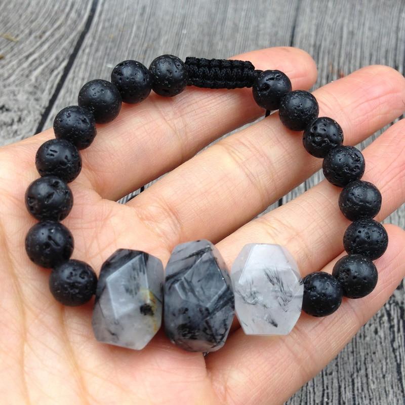 Chunky Black Tourmalinated Quartz & Lava Stone NO MORE BAD VIBES Bracelet