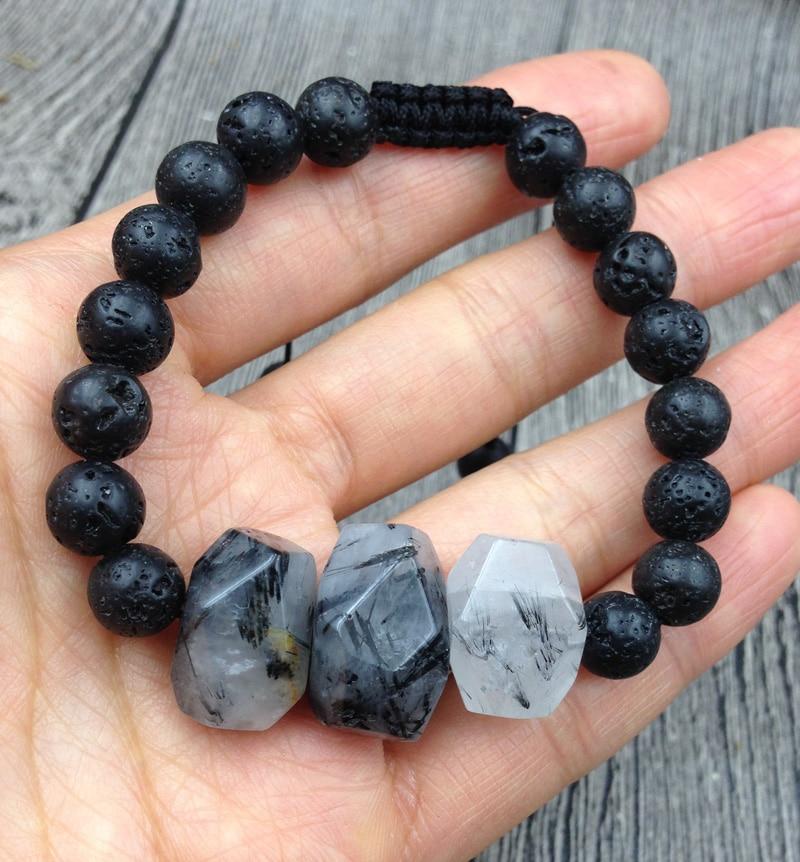 Chunky Black Tourmalinated Quartz & Lava Stone NO MORE BAD VIBES Bracelet