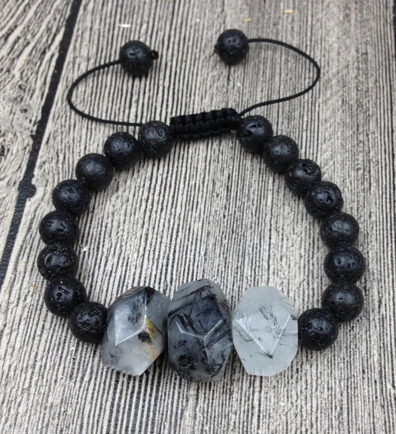 Chunky Black Tourmalinated Quartz & Lava Stone NO MORE BAD VIBES Bracelet