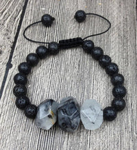 Thumbnail for Chunky Black Tourmalinated Quartz & Lava Stone NO MORE BAD VIBES Bracelet