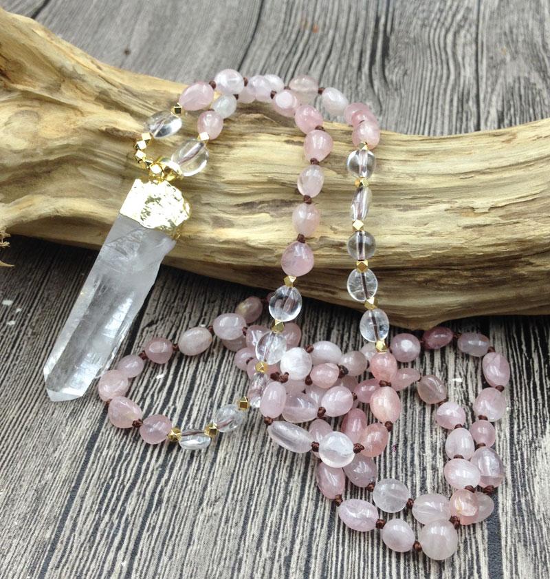 Raw Quartz Pendant & Rose Quartz Beads 'ATTRACT LOVE 'Necklace