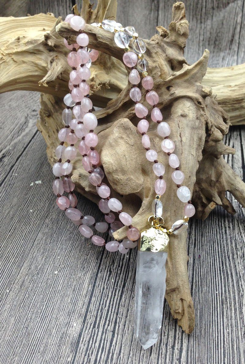 Raw Quartz Pendant & Rose Quartz Beads 'ATTRACT LOVE 'Necklace