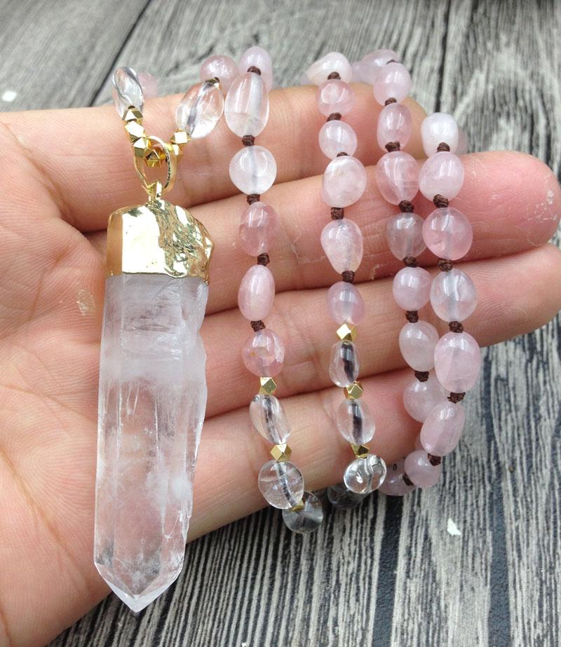 Raw Quartz Pendant & Rose Quartz Beads 'ATTRACT LOVE 'Necklace