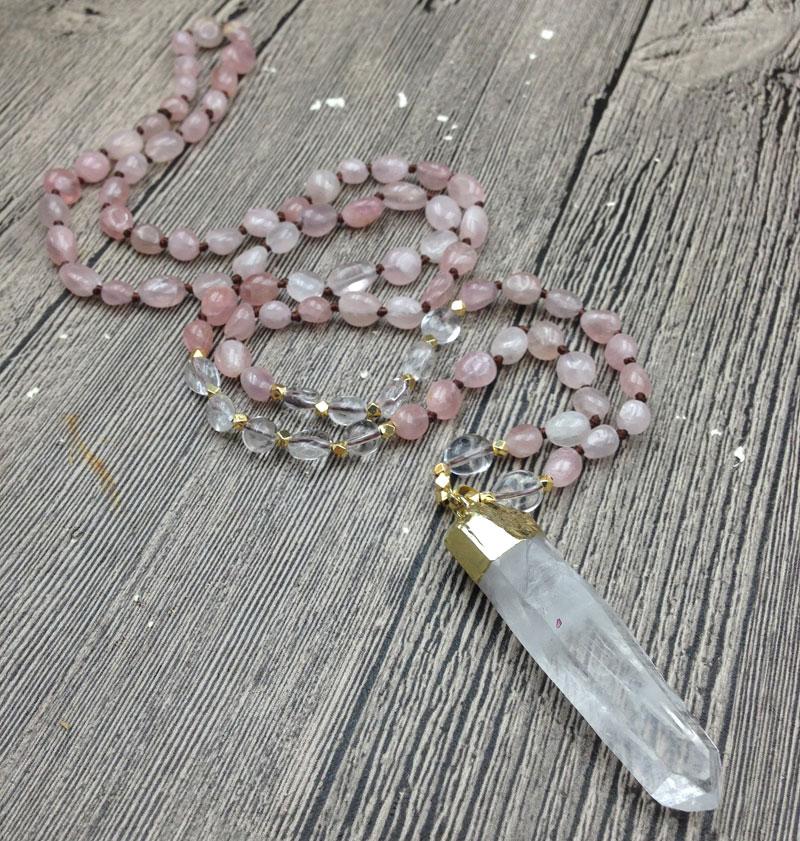 Raw Quartz Pendant & Rose Quartz Beads 'ATTRACT LOVE 'Necklace