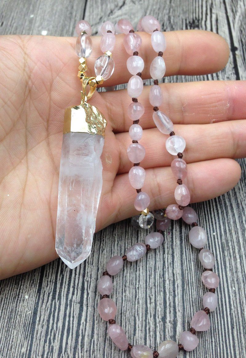 Raw Quartz Pendant & Rose Quartz Beads 'ATTRACT LOVE 'Necklace