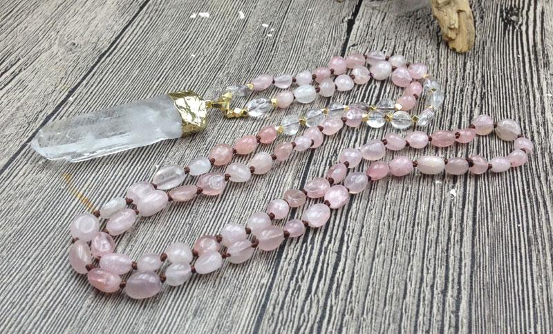 Raw Quartz Pendant & Rose Quartz Beads 'ATTRACT LOVE 'Necklace