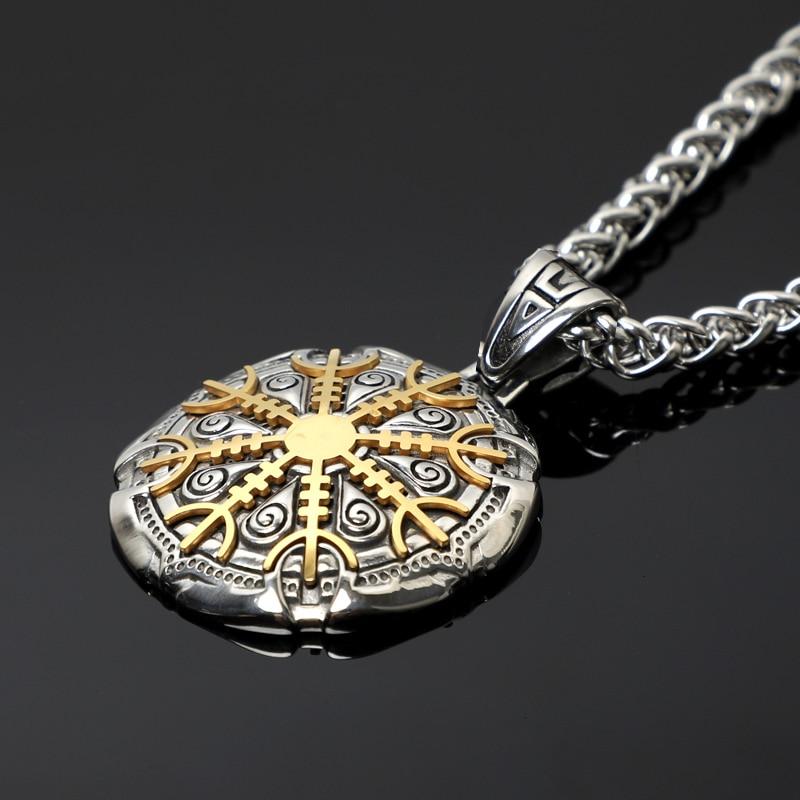 Stainless steel Viking Shield Necklace  with Interchangeable  Gold & Silver Helm of Awe