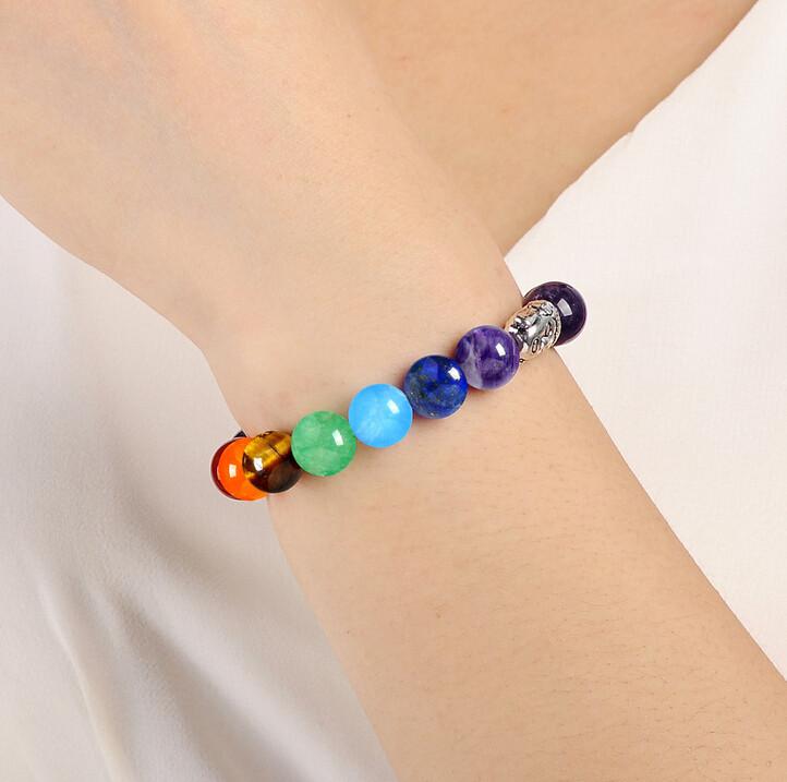 Gorgeous 10mm Semi-Precious Stone 7 Chakra Bracelet with Buddha Charm