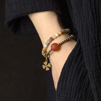Thumbnail for Yellow Jade & Tibetan Dzi Bead  Lucky 4 Leaf Clover OPTIMISM Bracelet