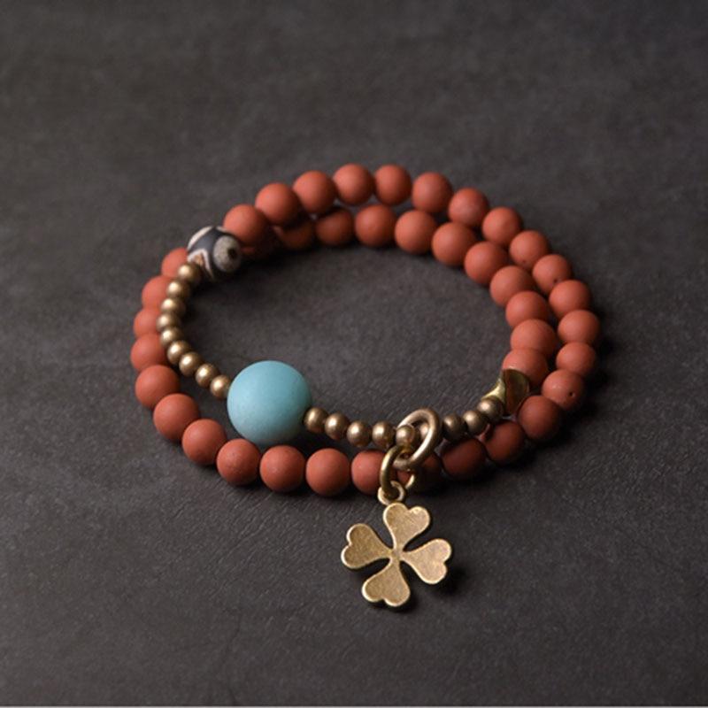 Matte Red Jasper & Tibetan Dzi POSITIVITY Bead Lucky 4 LEAF CLOVER Bracelet