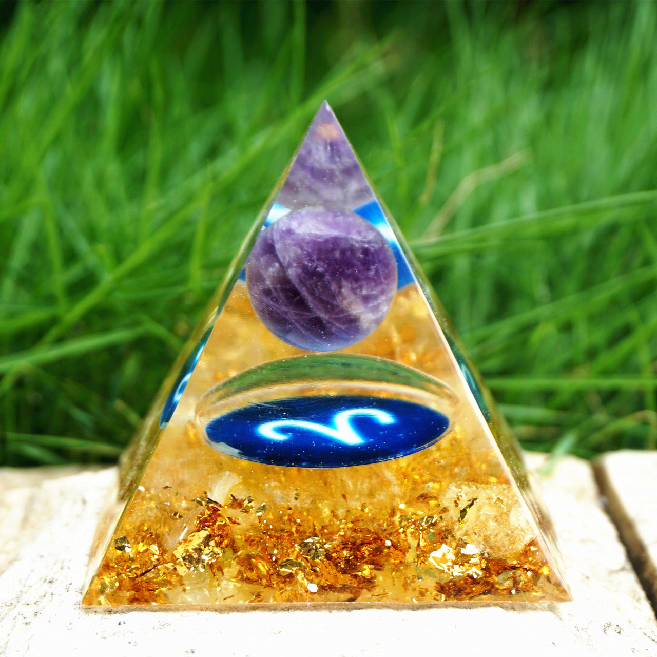 #118 - Handmade Amethyst & Citrine 'STRENGTHEN SELF-ESTEEM' ARIES Zodiac ORGOINTE Pyramid