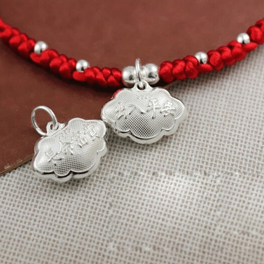 Lucky Red Rope & Silver Auspicious Ruyi Lock 'LONGEVITY' Bracelet