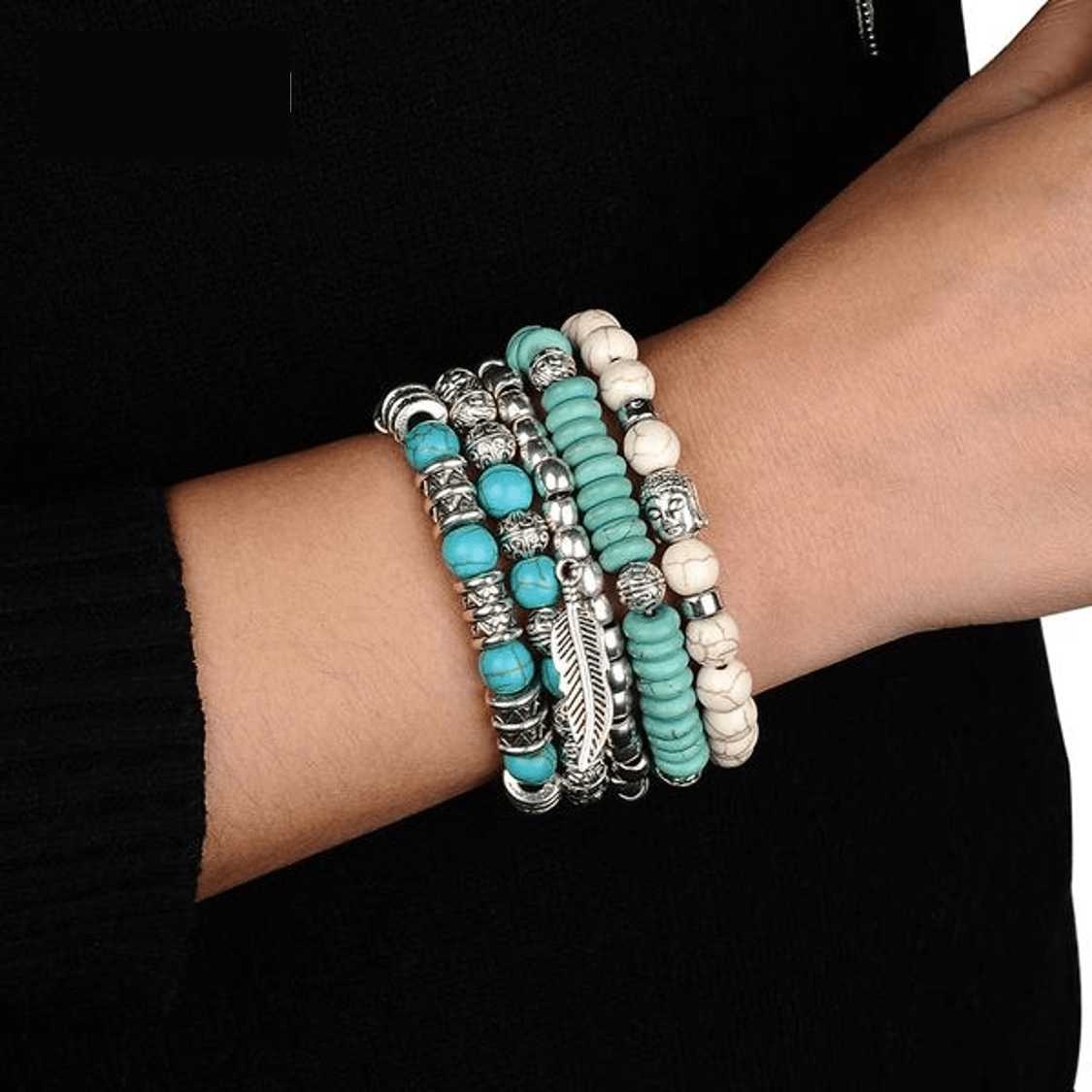 Bright 'n Bold 5 Pc/Set Turquoise Stone and Buddha bead bracelets