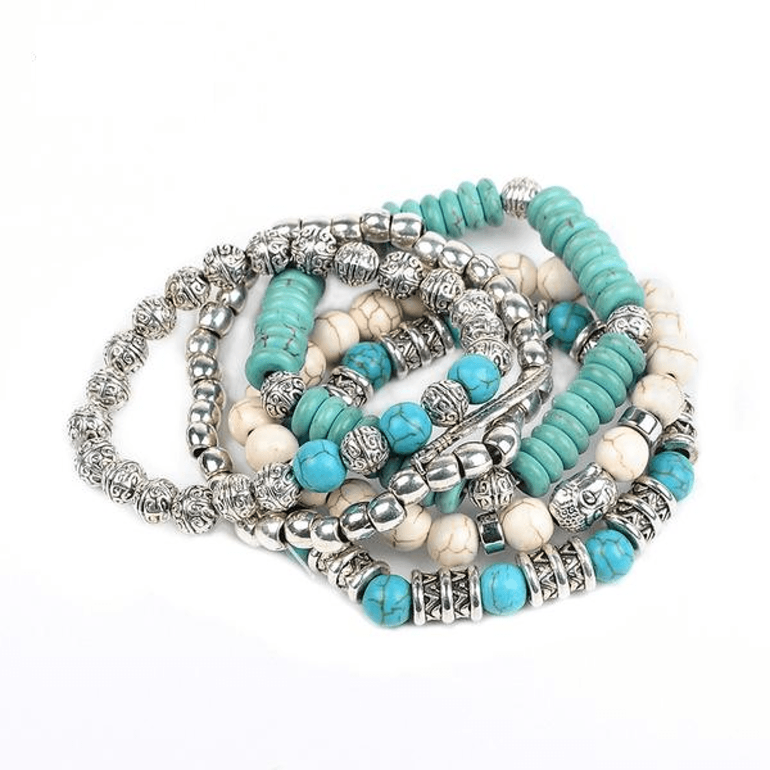 Bright 'n Bold 5 Pc/Set Turquoise Stone and Buddha bead bracelets