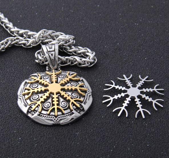 Stainless steel Viking Shield Necklace  with Interchangeable  Gold & Silver Helm of Awe