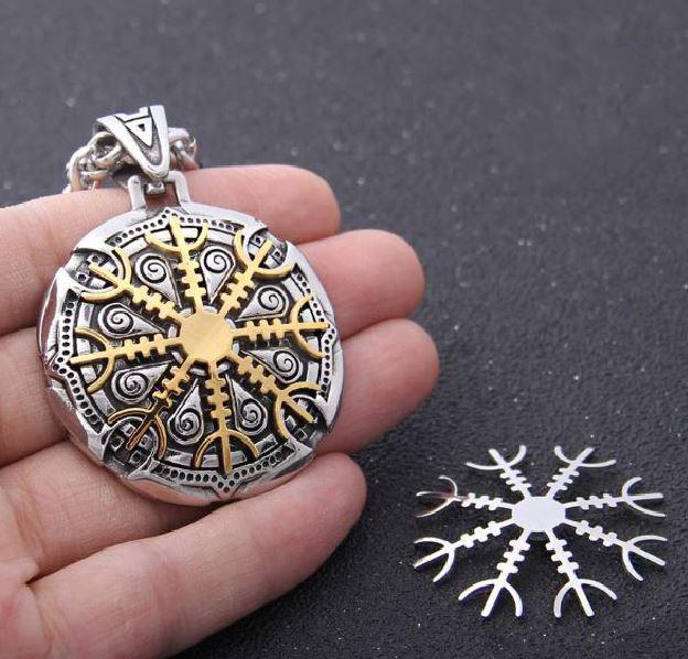 Stainless steel Viking Shield Necklace  with Interchangeable  Gold & Silver Helm of Awe