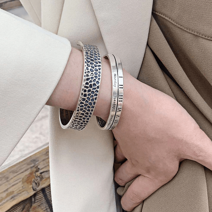 THAI SILVER Geometric Pattern + Roman Numeral Bangles