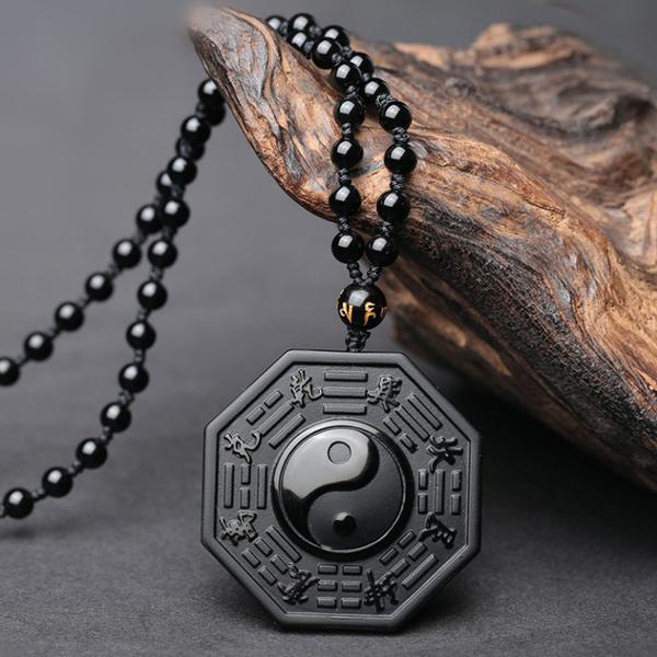 Natural  Black Obsidian Yin Yang Bagua Pendant